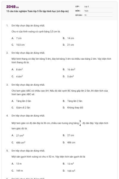 15 câu trắc nghiệm Toán lớp 5 Ôn tập hình học (có đáp án)
