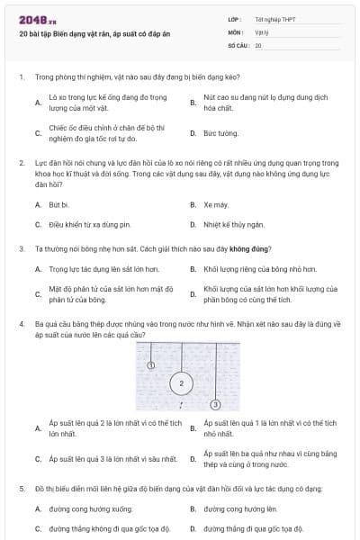 20 bài tập Biến dạng vật rắn, áp suất có đáp án