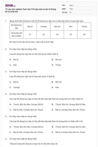 15 câu trắc nghiệm Toán lớp 5 Ôn tập một số yếu tố thống kê (có đáp án)