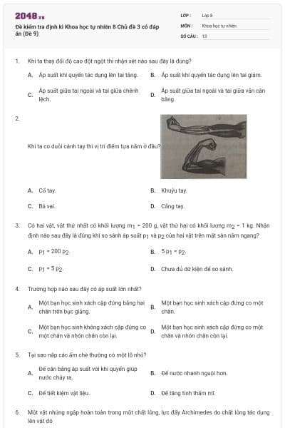 Đề kiểm tra định kì Khoa học tự nhiên 8 Chủ đề 3 có đáp án (Đề 9)