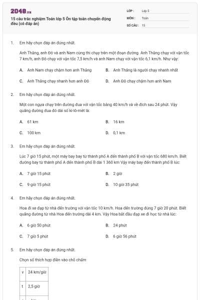 15 câu trắc nghiệm Toán lớp 5 Ôn tập toán chuyển động đều (có đáp án)
