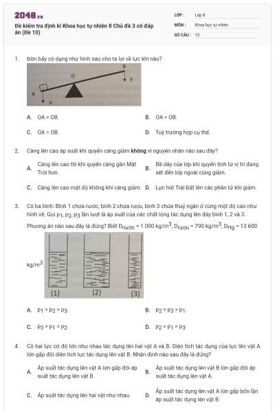 Đề kiểm tra định kì Khoa học tự nhiên 8 Chủ đề 3 có đáp án (Đề 10)