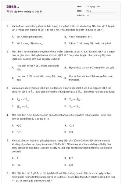 70 bài tập Điện trường có đáp án