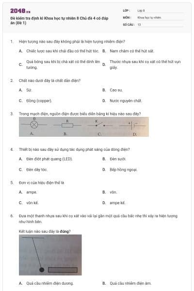 Đề kiểm tra định kì Khoa học tự nhiên 8 Chủ đề 4 có đáp án (Đề 1)