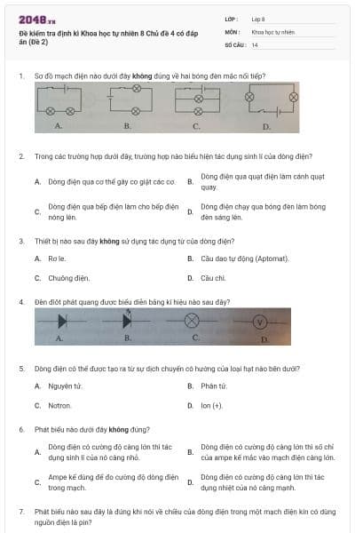 Đề kiểm tra định kì Khoa học tự nhiên 8 Chủ đề 4 có đáp án (Đề 2)