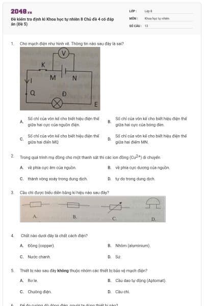 Đề kiểm tra định kì Khoa học tự nhiên 8 Chủ đề 4 có đáp án (Đề 5)