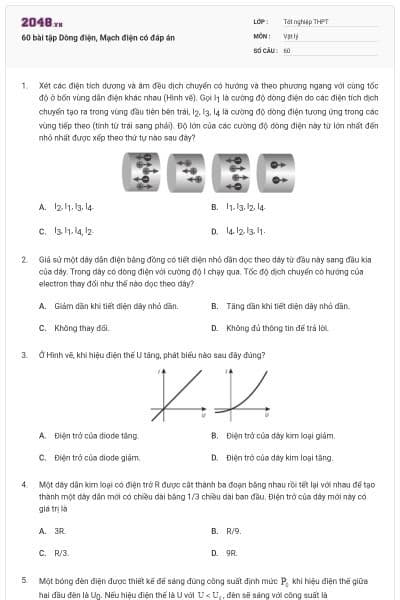 60 bài tập Dòng điện, Mạch điện có đáp án
