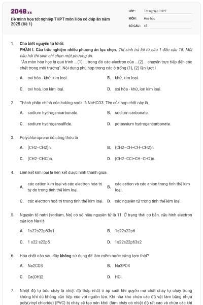 Đề minh họa tốt nghiệp THPT môn Hóa có đáp án năm 2025 (Đề 1)