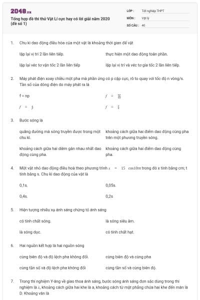 Tổng hợp đề thi thử Vật Lí cực hay có lời giải năm 2020 (đề số 1)