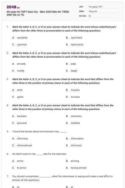 Đề luyện thi THPT Quốc Gia - Năm 2020 Môn thi: TIẾNG ANH (Đề số 19)