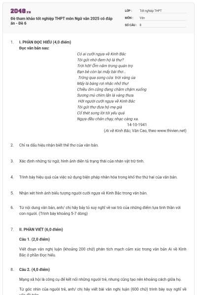 Đề tham khảo tốt nghiệp THPT môn Ngữ văn 2025 có đáp án - Đề 6