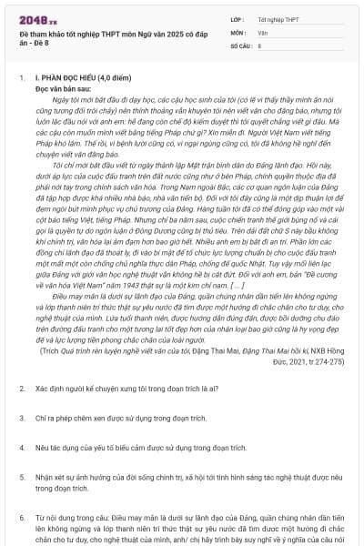 Đề tham khảo tốt nghiệp THPT môn Ngữ văn 2025 có đáp án - Đề 8