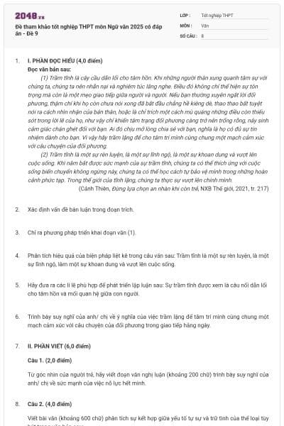 Đề tham khảo tốt nghiệp THPT môn Ngữ văn 2025 có đáp án - Đề 9