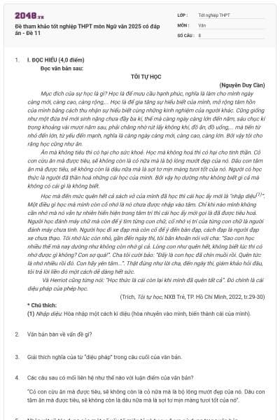 Đề tham khảo tốt nghiệp THPT môn Ngữ văn 2025 có đáp án - Đề 11