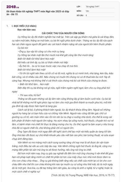 Đề tham khảo tốt nghiệp THPT môn Ngữ văn 2025 có đáp án - Đề 15