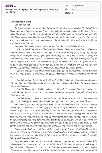 Đề tham khảo tốt nghiệp THPT môn Ngữ văn 2025 có đáp án - Đề 16