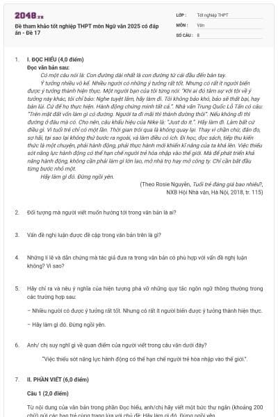 Đề tham khảo tốt nghiệp THPT môn Ngữ văn 2025 có đáp án - Đề 17