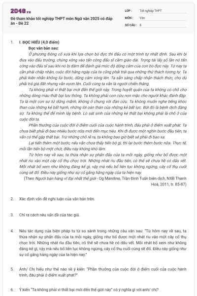 Đề tham khảo tốt nghiệp THPT môn Ngữ văn 2025 có đáp án - Đề 22
