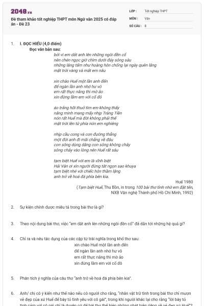 Đề tham khảo tốt nghiệp THPT môn Ngữ văn 2025 có đáp án - Đề 23