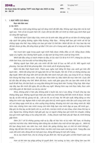 Đề tham khảo tốt nghiệp THPT môn Ngữ văn 2025 có đáp án - Đề 24