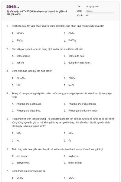 Bộ đề  luyện thi THPTQG Hóa Học cực hay có lời giải chi tiết (Đề số 3)
