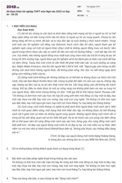 Đề tham khảo tốt nghiệp THPT môn Ngữ văn 2025 có đáp án - Đề 28
