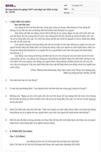 Đề tham khảo tốt nghiệp THPT môn Ngữ văn 2025 có đáp án - Đề 30