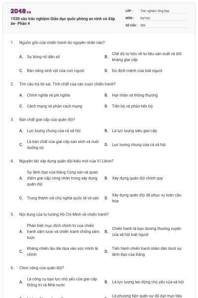 1530 câu trắc nghiệm Giáo dục quốc phòng an ninh có đáp án- Phần 4