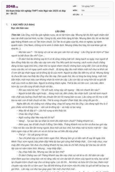 Đề tham khảo tốt nghiệp THPT môn Ngữ văn 2025 có đáp án - Đề 33