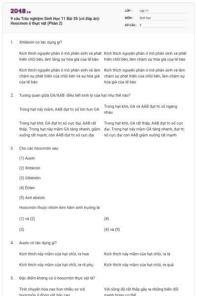 9 câu Trắc nghiệm Sinh Học 11 Bài 35 (có đáp án): Hoocmon ở thực vật (Phần 2)