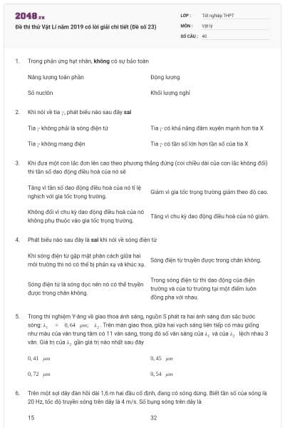 Đề thi thử Vật Lí năm 2019 có lời giải chi tiết (Đề số 23)
