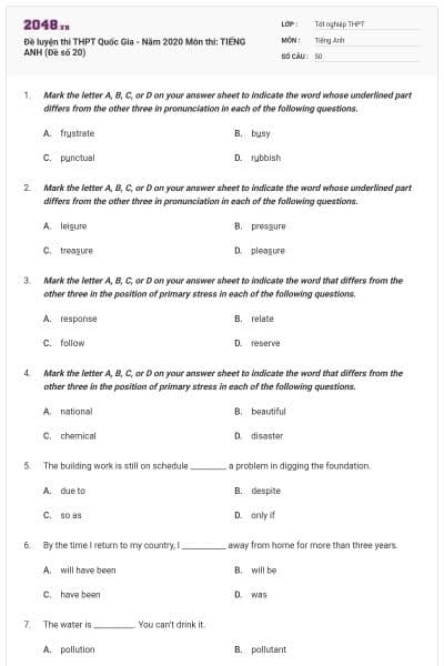 Đề luyện thi THPT Quốc Gia - Năm 2020 Môn thi: TIẾNG ANH (Đề số 20)