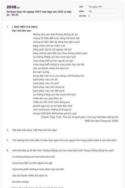 Đề tham khảo tốt nghiệp THPT môn Ngữ văn 2025 có đáp án - Đề 35