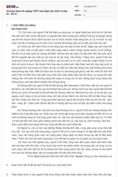 Đề tham khảo tốt nghiệp THPT môn Ngữ văn 2025 có đáp án - Đề 41