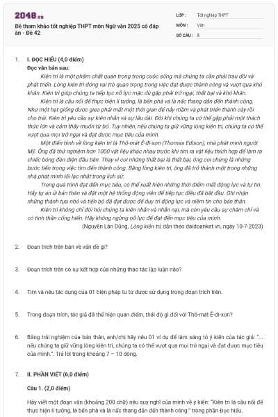 Đề tham khảo tốt nghiệp THPT môn Ngữ văn 2025 có đáp án - Đề 42