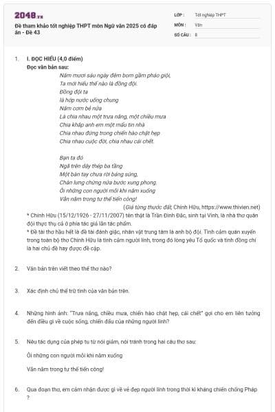 Đề tham khảo tốt nghiệp THPT môn Ngữ văn 2025 có đáp án - Đề 43