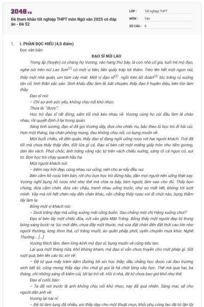 Đề tham khảo tốt nghiệp THPT môn Ngữ văn 2025 có đáp án - Đề 52