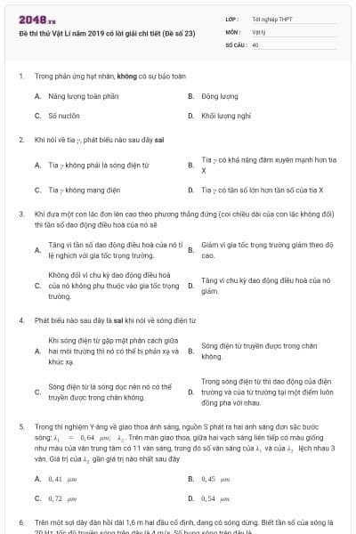 Đề thi thử Vật Lí năm 2019 có lời giải chi tiết (Đề số 23)