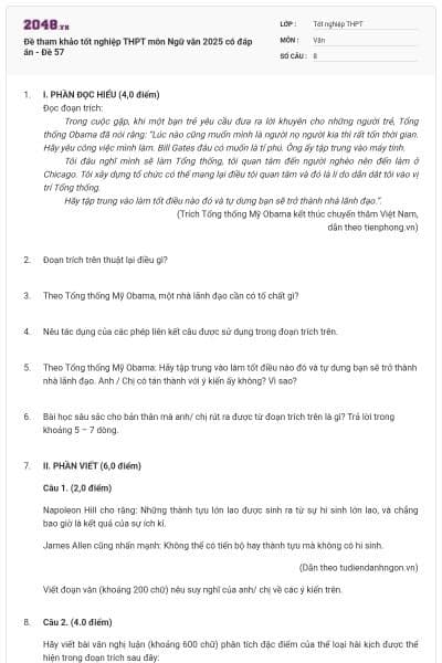 Đề tham khảo tốt nghiệp THPT môn Ngữ văn 2025 có đáp án - Đề 57
