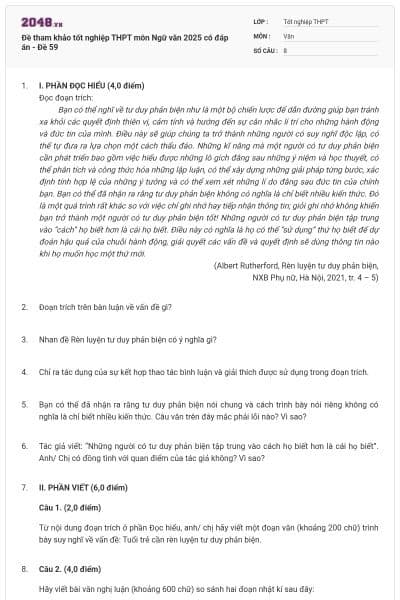 Đề tham khảo tốt nghiệp THPT môn Ngữ văn 2025 có đáp án - Đề 59