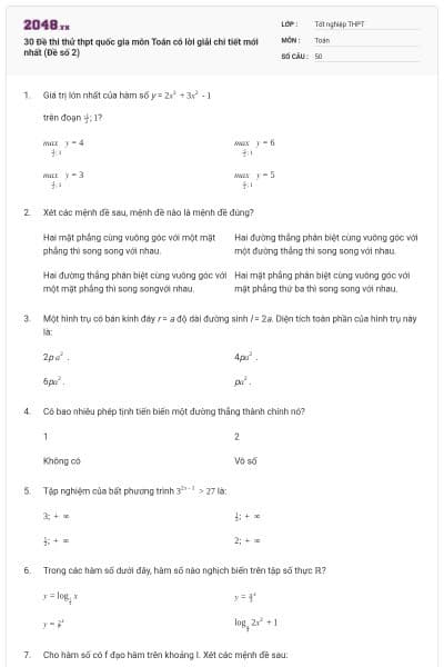 30 Đề thi thử thpt quốc gia môn Toán có lời giải chi tiết mới nhất (Đề số 2)