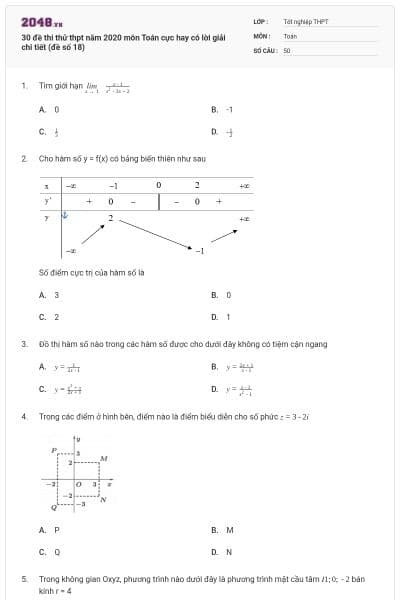 30 đề thi thử thpt năm 2020 môn Toán cực hay có lời giải chi tiết (đề số 18)