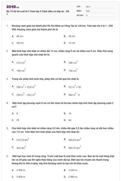 Bộ 15 đề thi cuối kì 2 Toán lớp 5 Cánh diều có đáp án - Đề 1