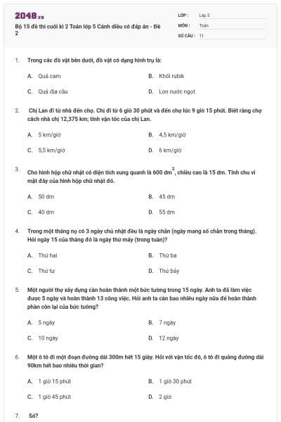 Bộ 15 đề thi cuối kì 2 Toán lớp 5 Cánh diều có đáp án - Đề 2