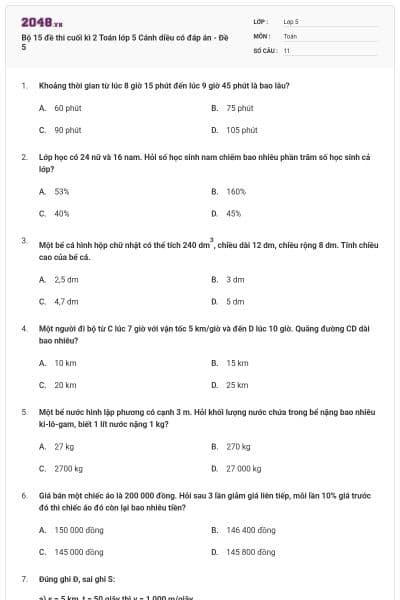 Bộ 15 đề thi cuối kì 2 Toán lớp 5 Cánh diều có đáp án - Đề 5