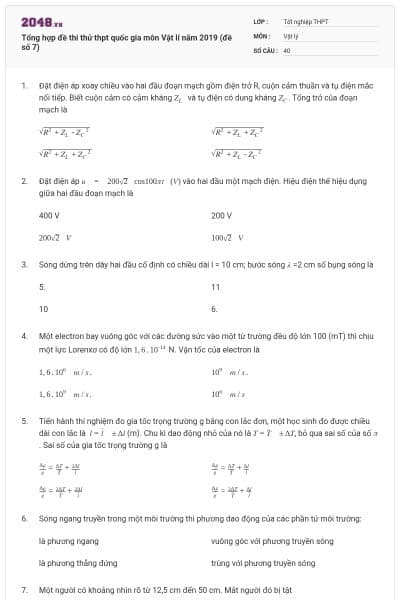 Tổng hợp đề thi thử thpt quốc gia môn Vật lí năm 2019 (đề số 7)
