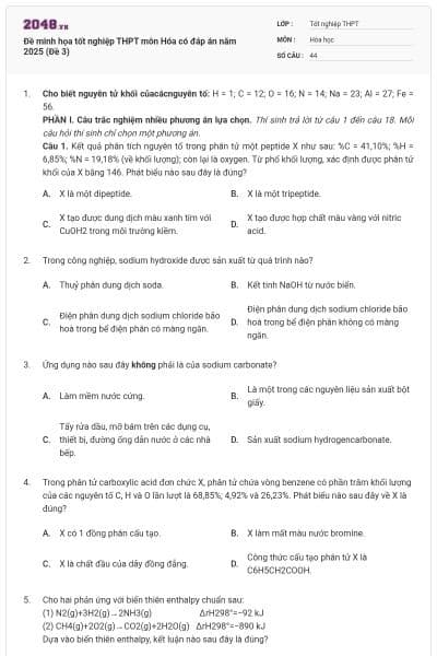 Đề minh họa tốt nghiệp THPT môn Hóa có đáp án năm 2025 (Đề 3)