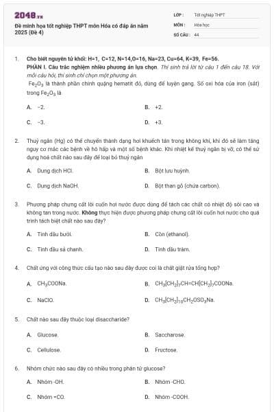 Đề minh họa tốt nghiệp THPT môn Hóa có đáp án năm 2025 (Đề 4)
