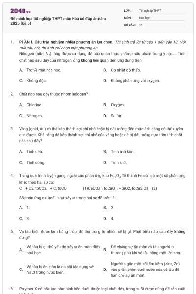 Đề minh họa tốt nghiệp THPT môn Hóa có đáp án năm 2025 (Đề 5)