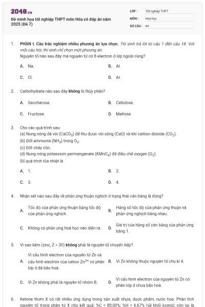Đề minh họa tốt nghiệp THPT môn Hóa có đáp án năm 2025 (Đề 7)